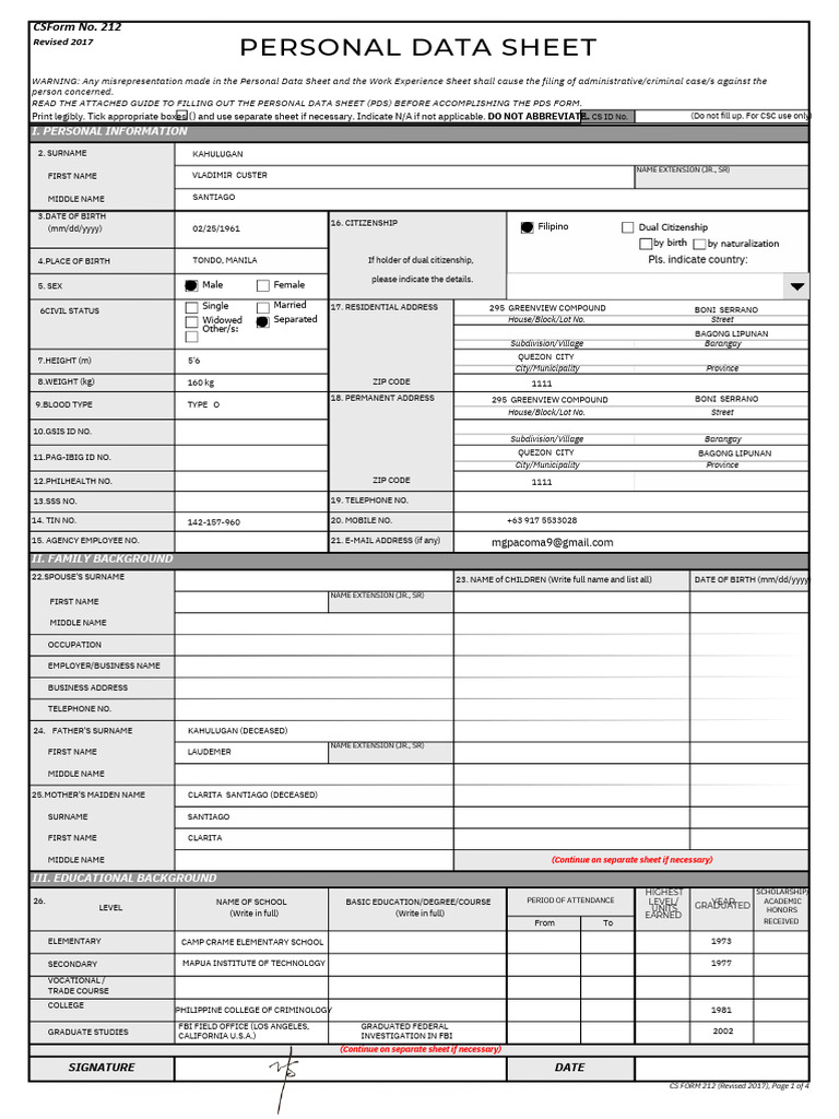 Personal Data Sheet CS Form No. 212 Revised 2017 PDF | PDF | Government ...