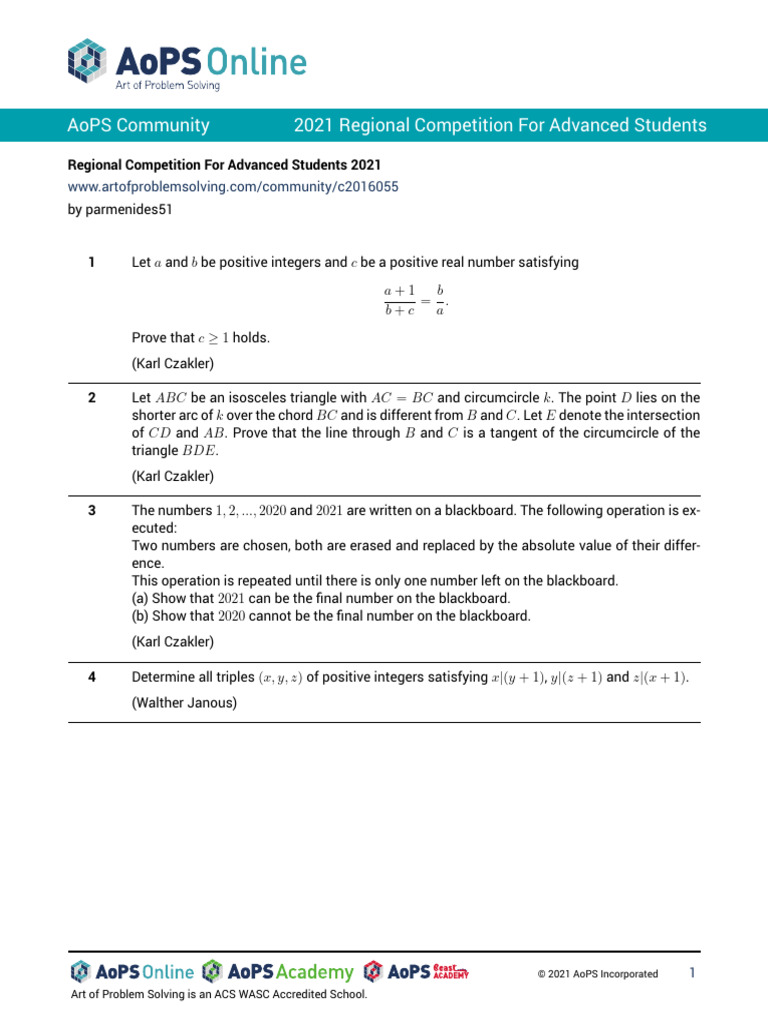 2021 AoPS Advanced Student Problems | PDF