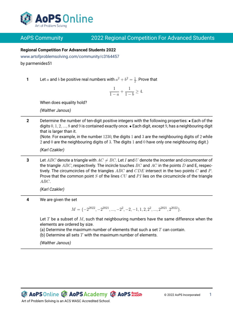 Aops Community 2022 Regional Competition For Advanced Students | PDF