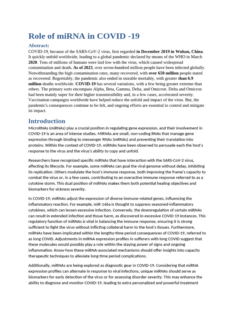 Role of miRNA in COVID-19 | PDF | Micro Rna | Virus