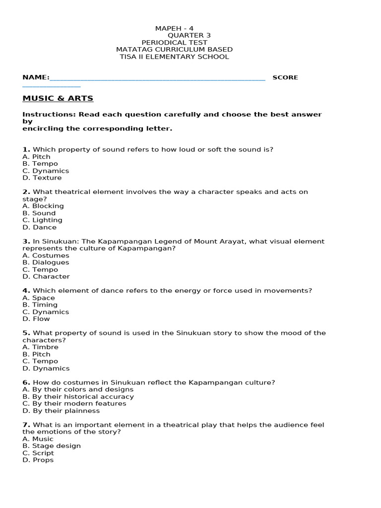 Mapeh 4 Q3 Periodical Test Guide Pdf Foods Nutrition