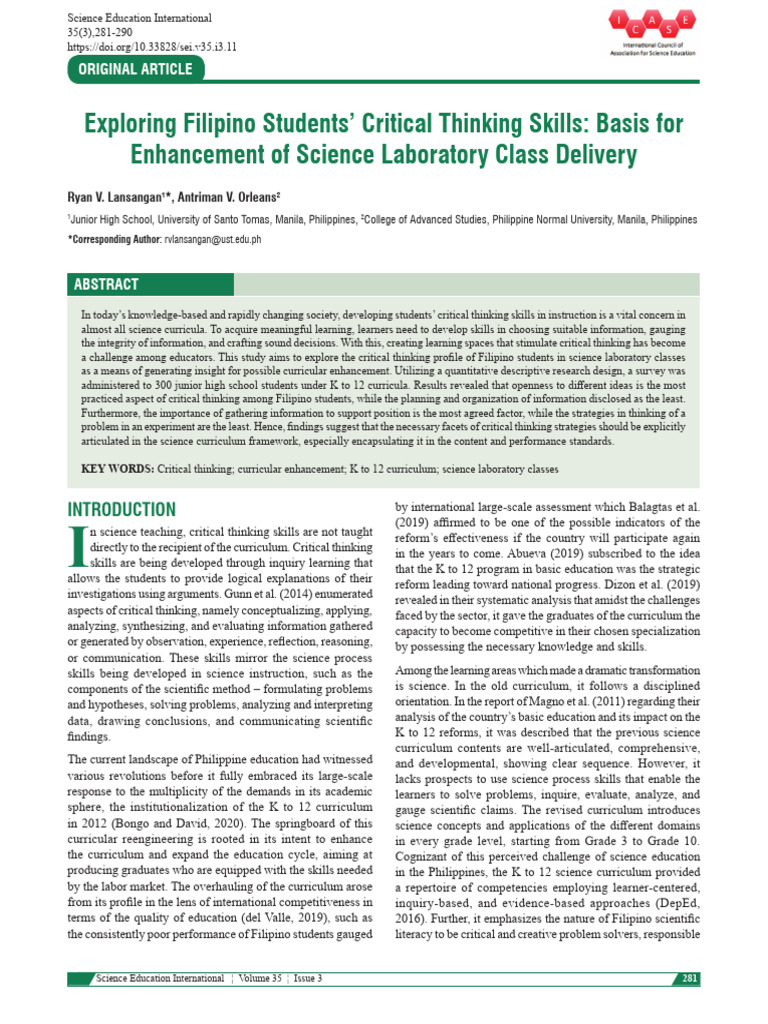 Enhancing Critical Thinking in Filipino Science Education | PDF ...