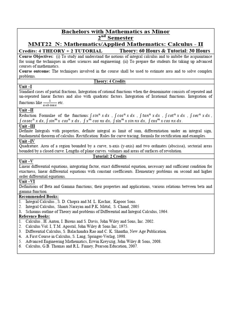 Bachelors With Mathematics As Minor 2 Semester MMT22 N: Mathematics ...