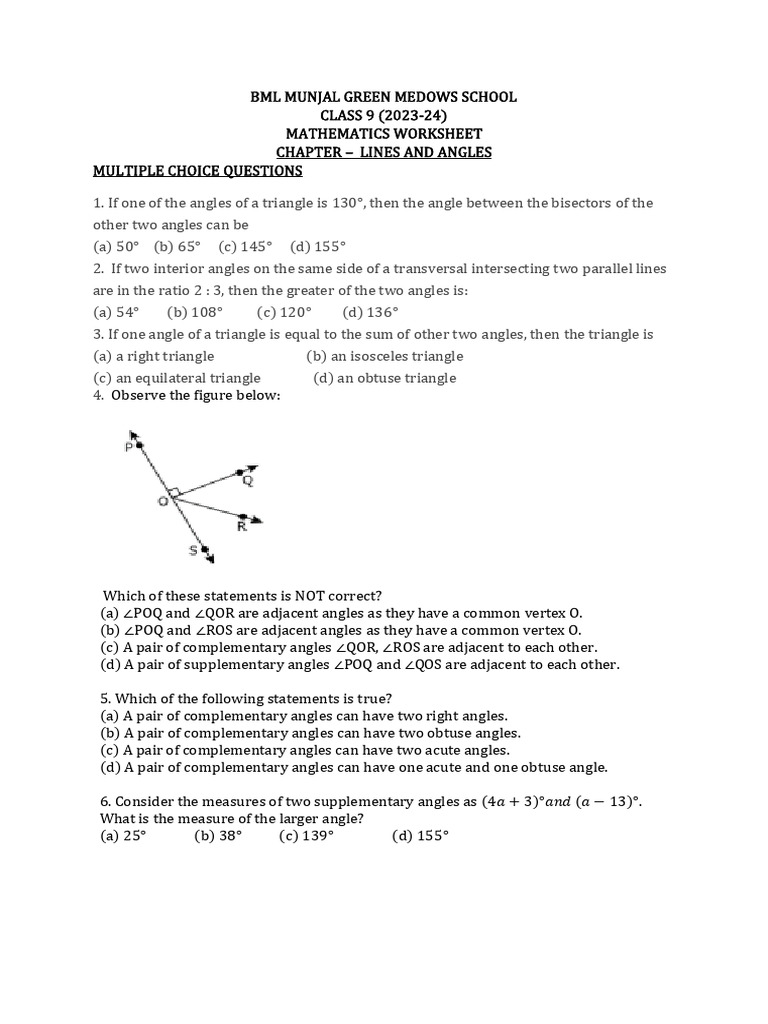 Class 9 Lines and Angles MCQs | PDF | Triangle | Angle