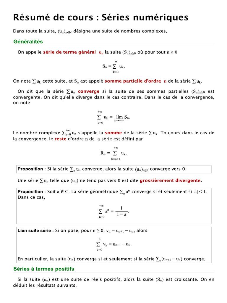 01 - Séries Numériques Cours 38-4 Exes BIBMATH | PDF