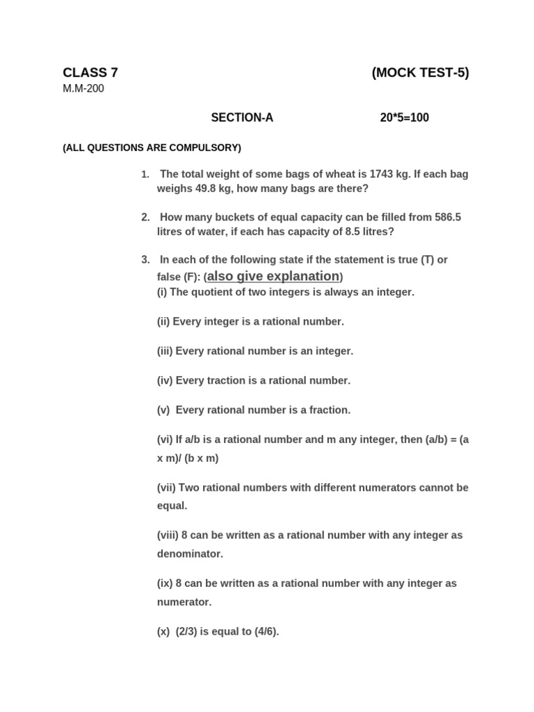 CLASS 7 (MOCK TEST-5) | PDF | Rational Number | Numbers