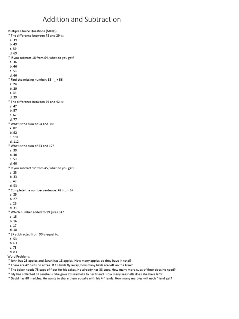 Math MCQs: Addition & Subtraction | PDF