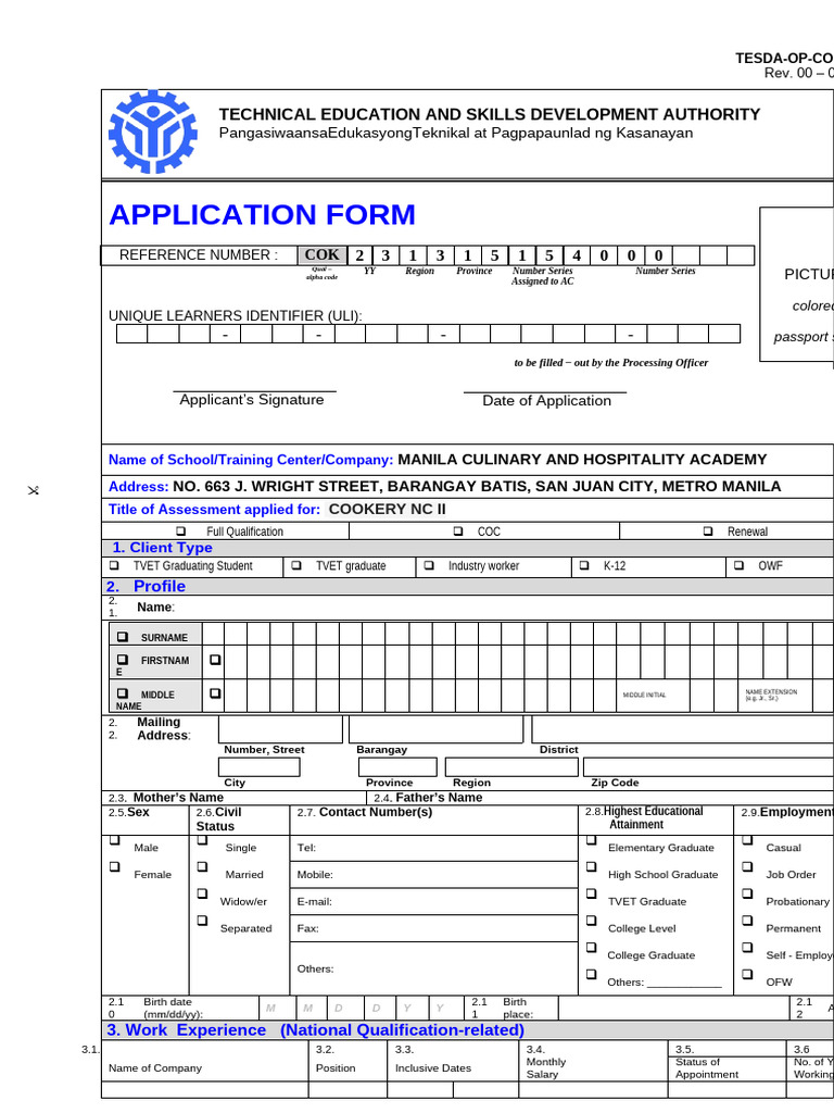 TESDA Cookery NC II Application Form | PDF