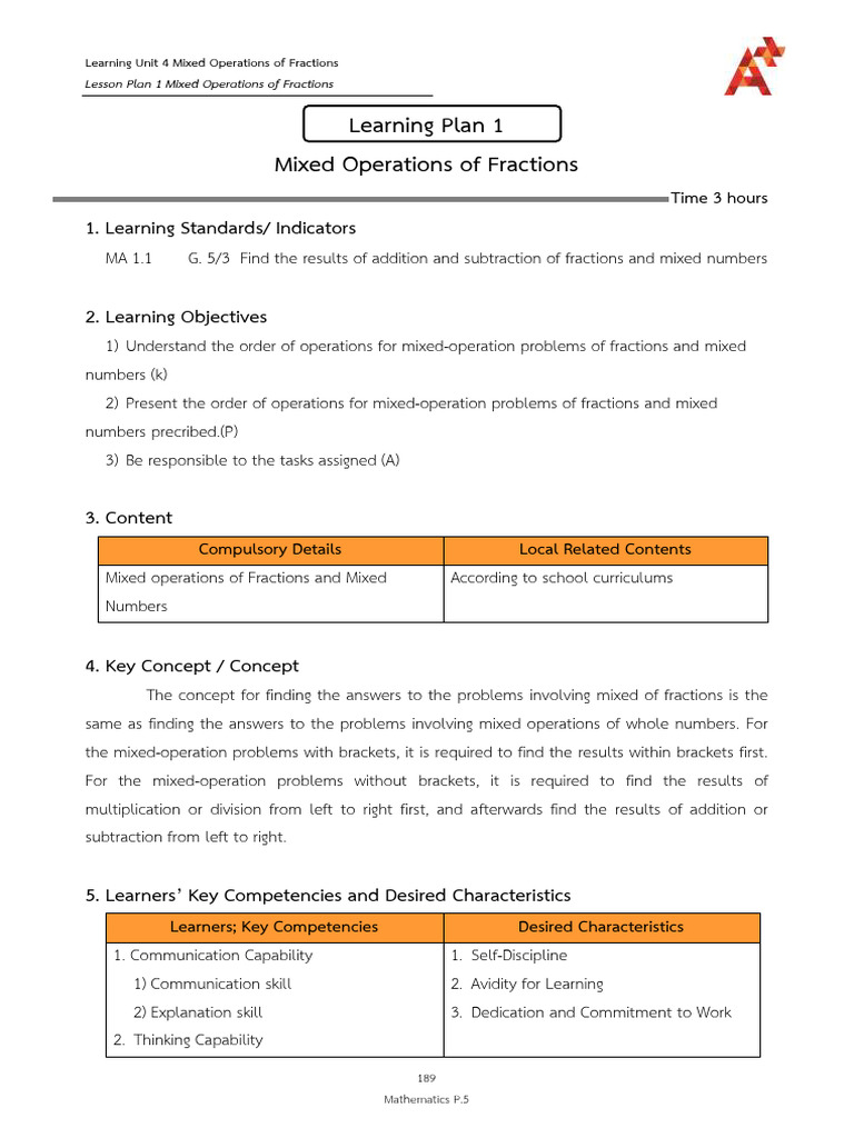 Mixed Operations of Fractions Lesson Plan | PDF | Learning | Lesson Plan