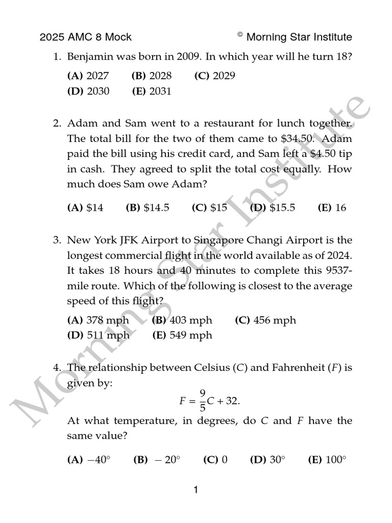 Msi 2025 Amc8 Mock Test Pdf Elementary Geometry Euclidean Geometry