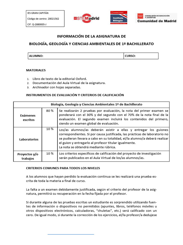 Evaluación Biología 1º Bachillerato IES Gran Capitán | PDF