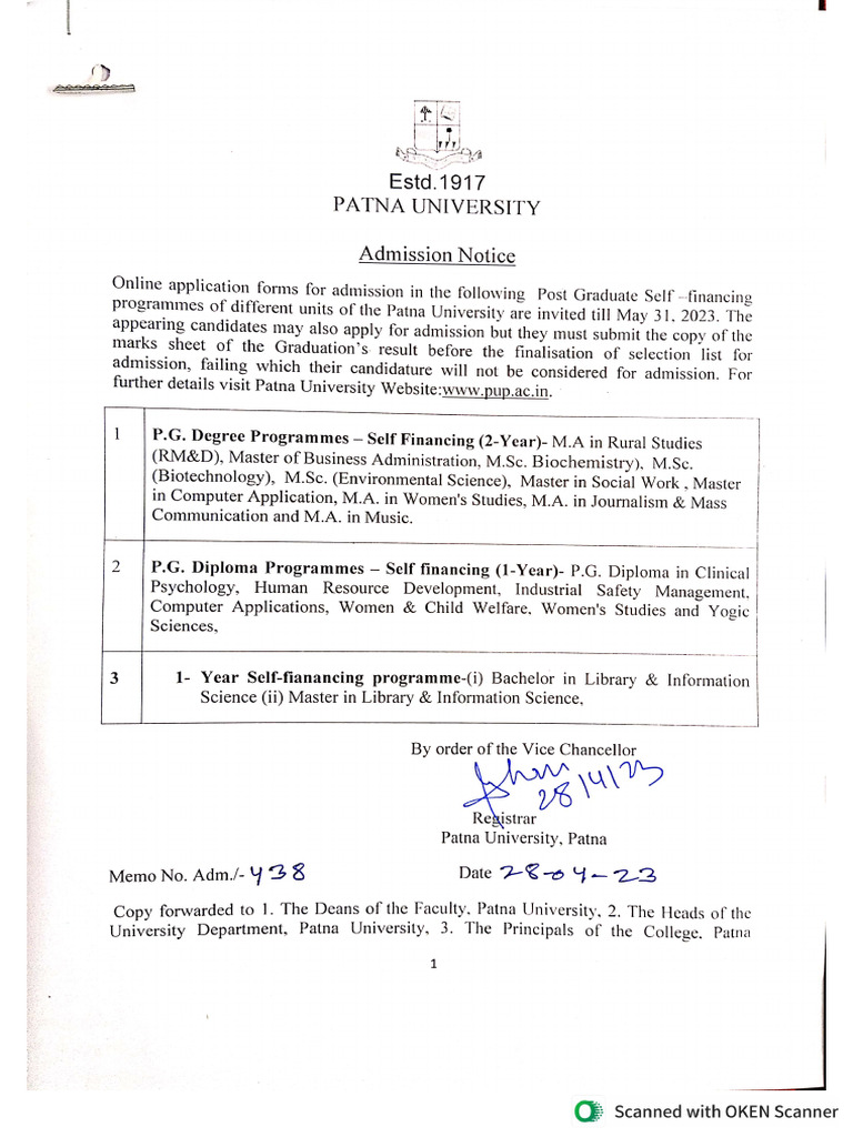 Admission - Notice For PG Self Financing | PDF
