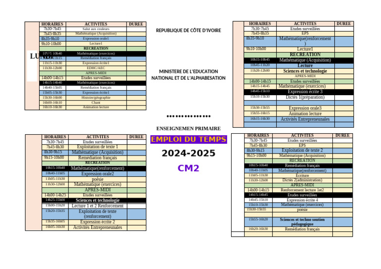 Emploi du temps CE2 2024-2025 | PDF