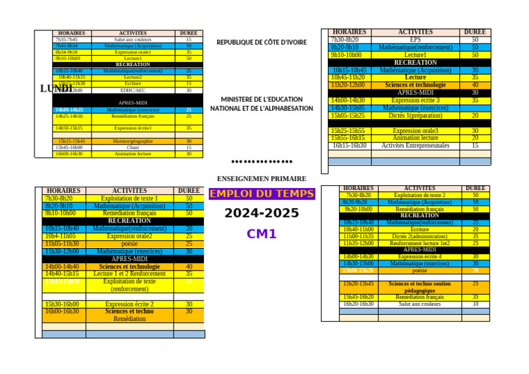 Emploi du Temps CM1 2024-2025 | PDF