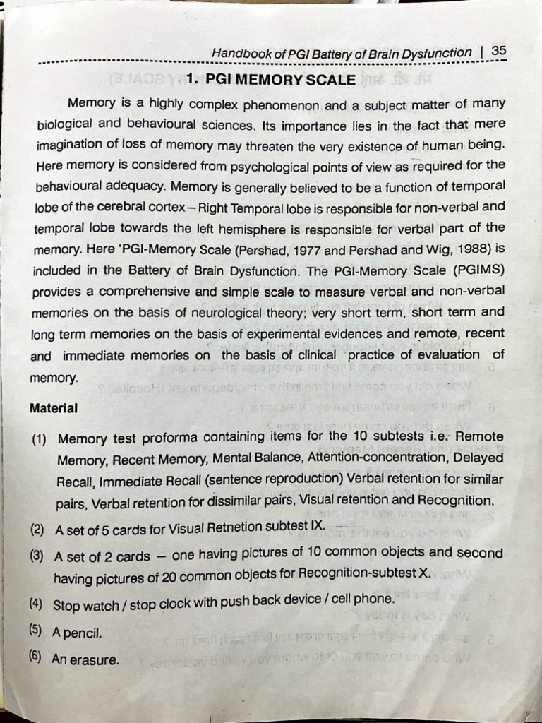 PGI MEMORY SCALE SUBTEST 1 | PDF | Memory | Temporal Lobe
