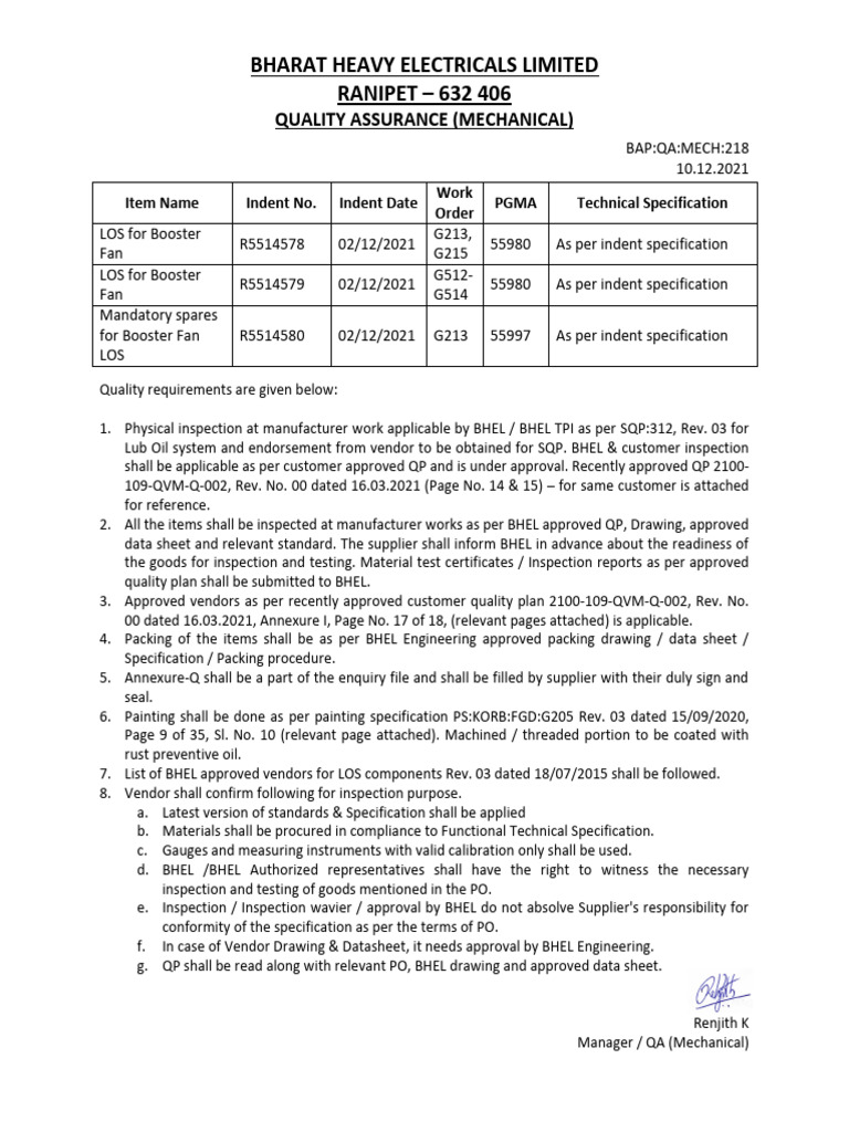 BHEL Quality Assurance for Booster Fans | PDF | Specification ...