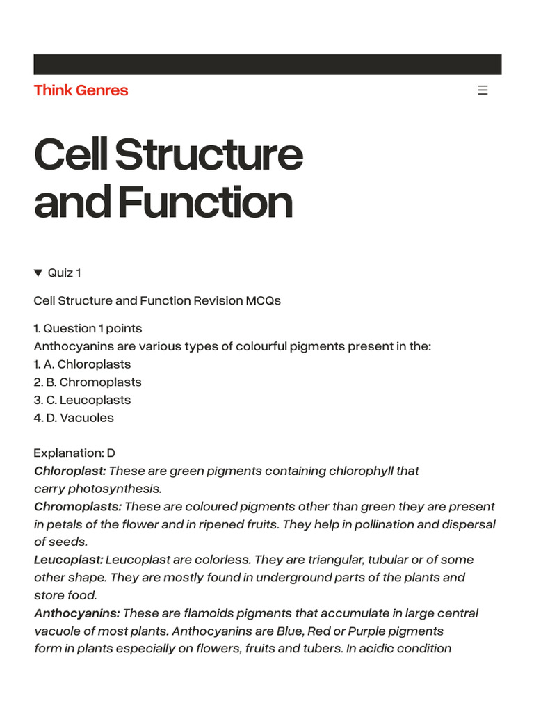 Cell Structure and Function Quiz MCQs | PDF | Cell Membrane ...