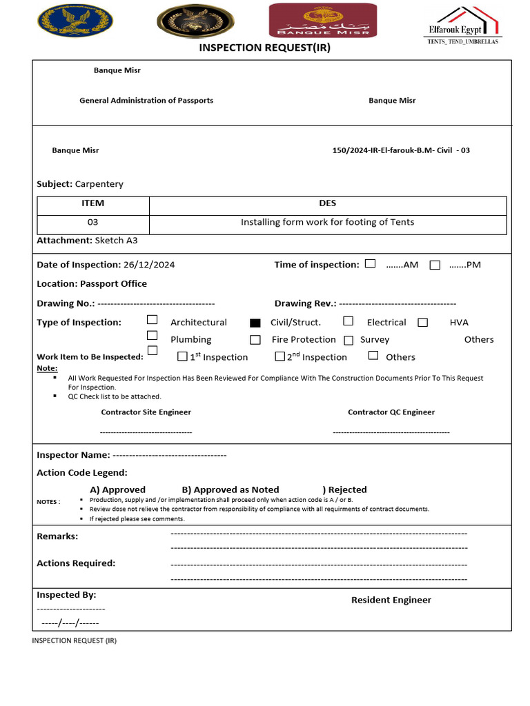 Inspection Request for Banque Misr Project | PDF