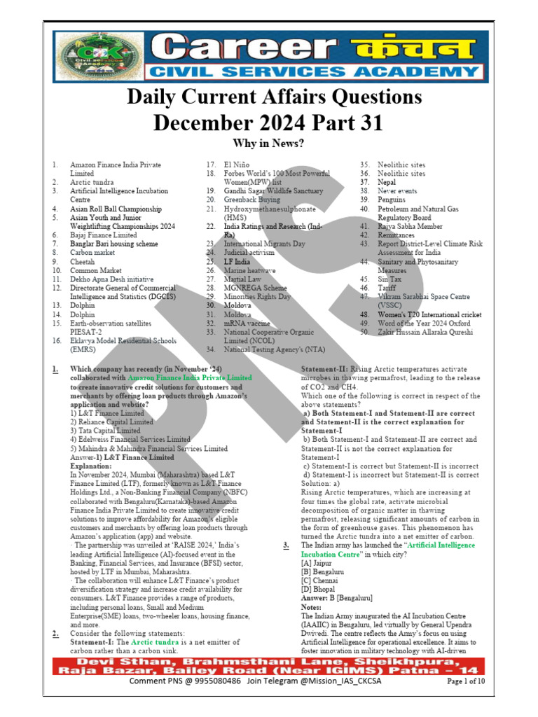 December 2024 Current Affairs Quiz | PDF | Particulates | Human Migration