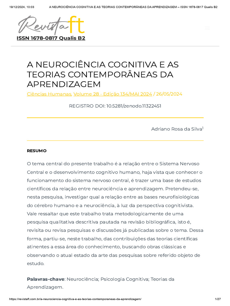 Neurociência Cognitiva e Aprendizagem | PDF | Aprendizado | Neurociência