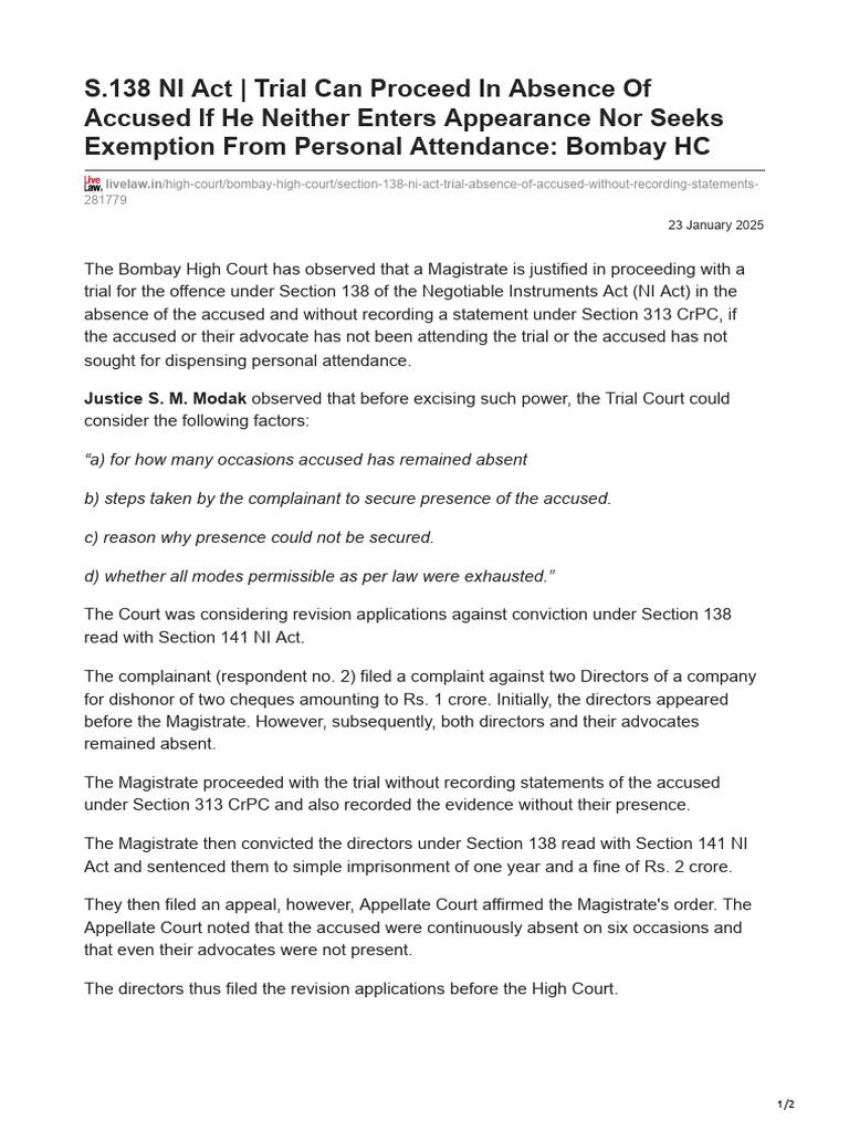 Bombay HC: Trial Can Proceed Absentee | PDF | Separation Of Powers ...