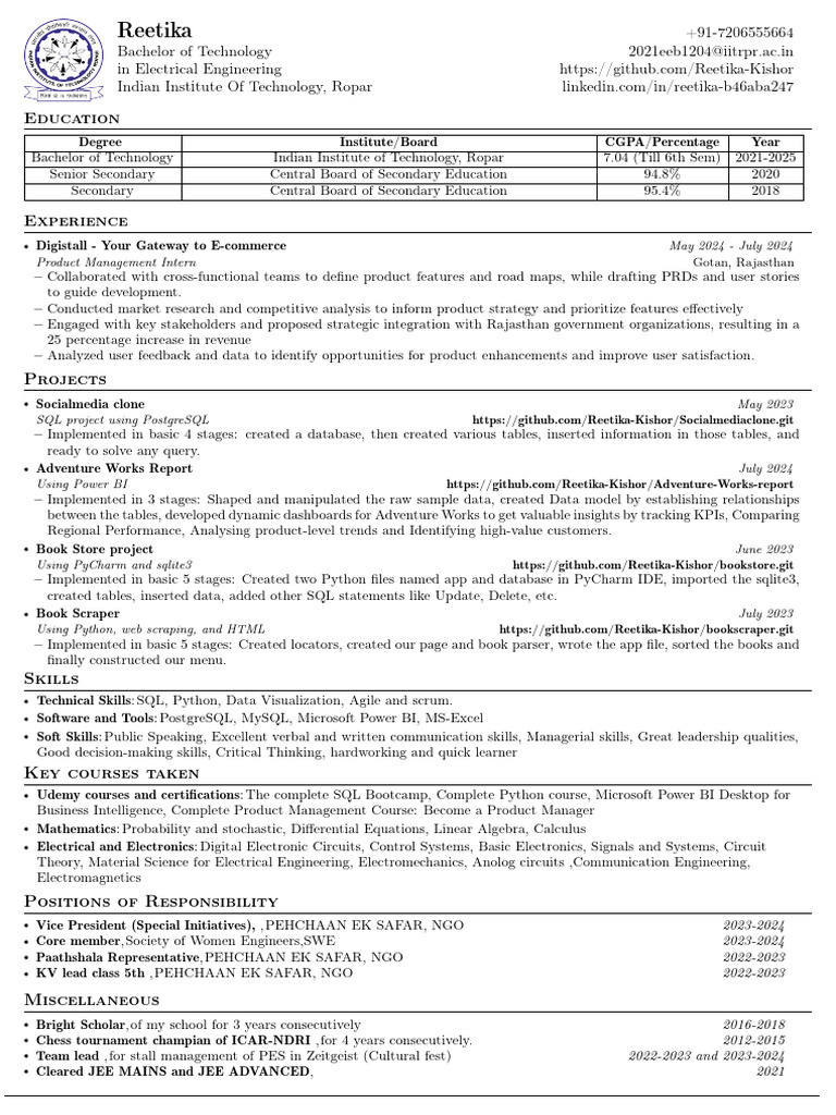 Reetika's Profile: IIT Ropar Graduate | PDF | Databases | Sql