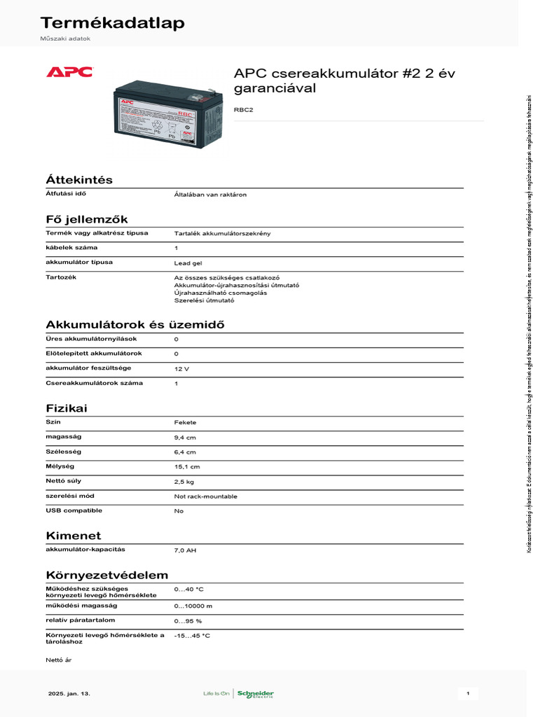 Schneider Electric - Csereakkumulátor - RBC2-1 | PDF