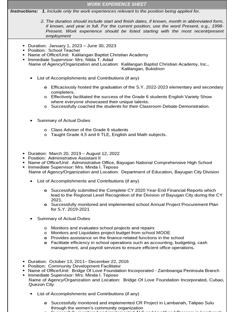 Work Experience Sheet for Educators | PDF