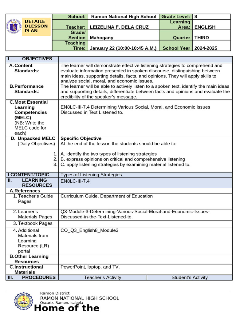 Grade 8 Listening Lesson Plan | PDF | Learning | Reason