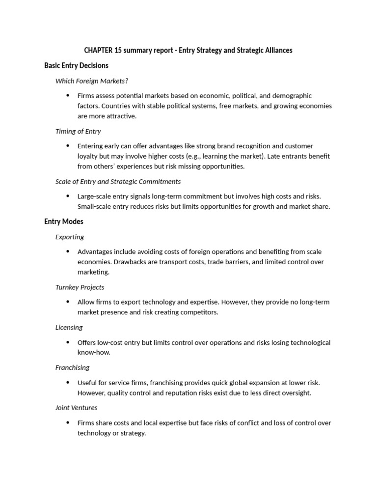 Entry Strategies and Alliances Overview | PDF | Mergers And ...