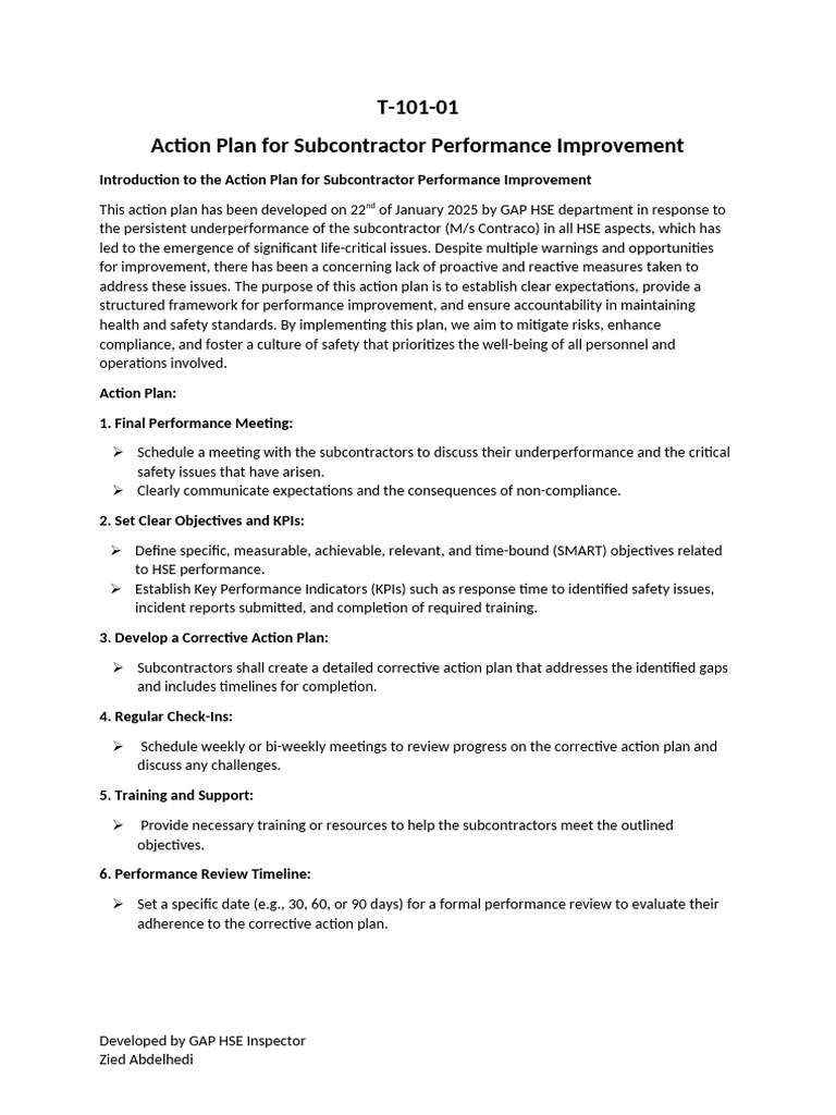 Introduction To The Action Plan For Subcontractor Performance ...