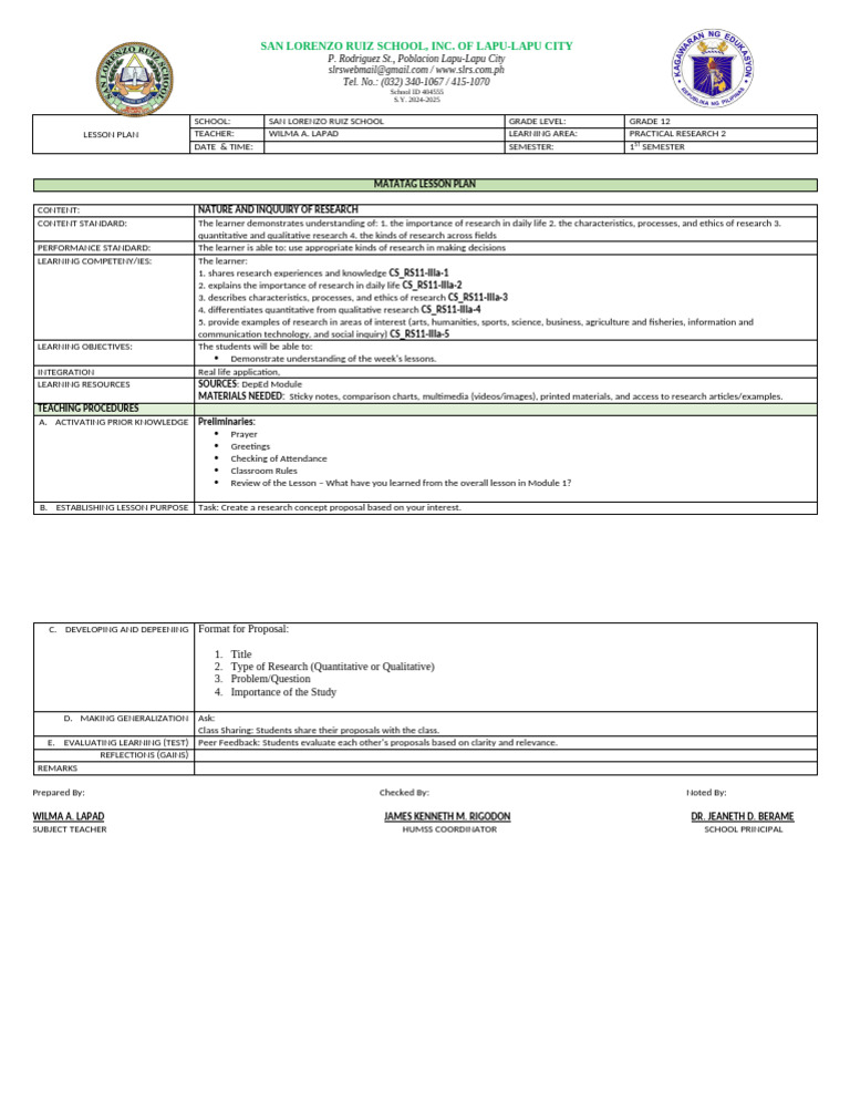 Grade 12 Practical Research Lesson Plan | PDF | Learning | Lesson Plan