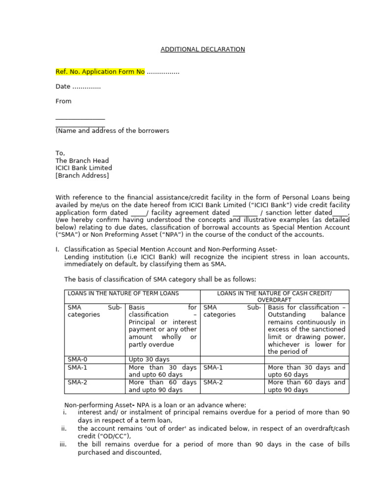 ICICI Bank Personal Loan Declaration | PDF | Loans | Line Of Credit
