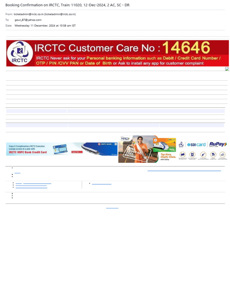 Yahoo Mail - Booking Confirmation On IRCTC, Train - 11019, 12-Dec-2024,  2AC, SC - DR | PDF | Service Industries