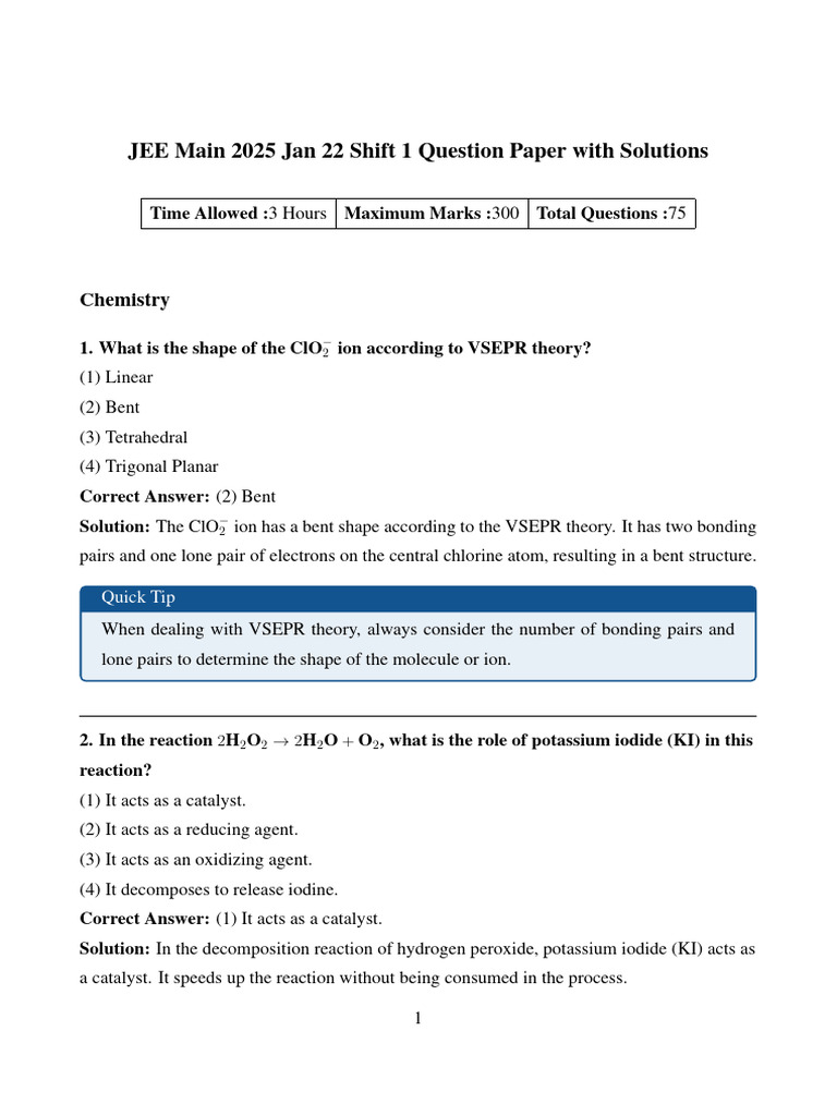 JEE Mains Jan 22 2025 | PDF | Ionic Bonding | Chemical Compounds