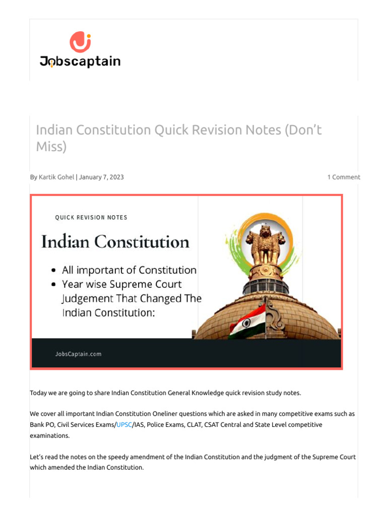 Indian Constitution Revision Notes | PDF | Supreme Court Of India ...
