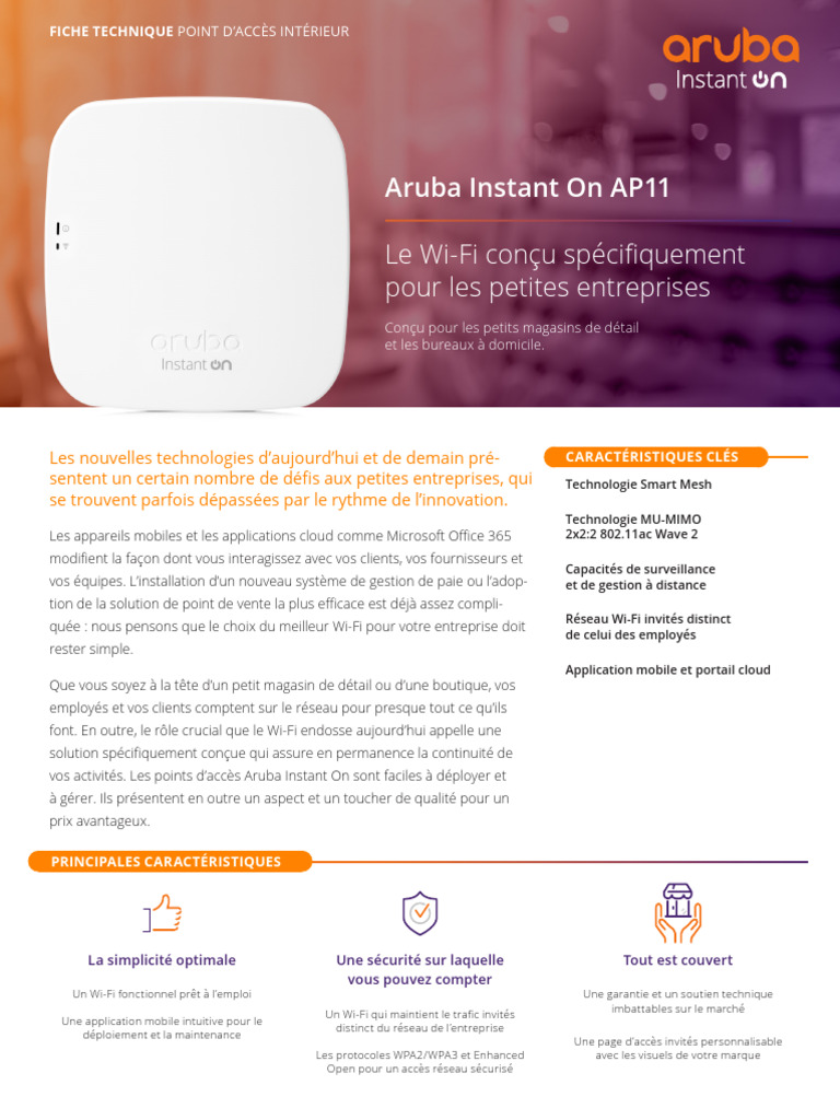 Fiche technique Aruba AP11 Wi-Fi 5 | PDF | Wi-Fi | Cloud computing