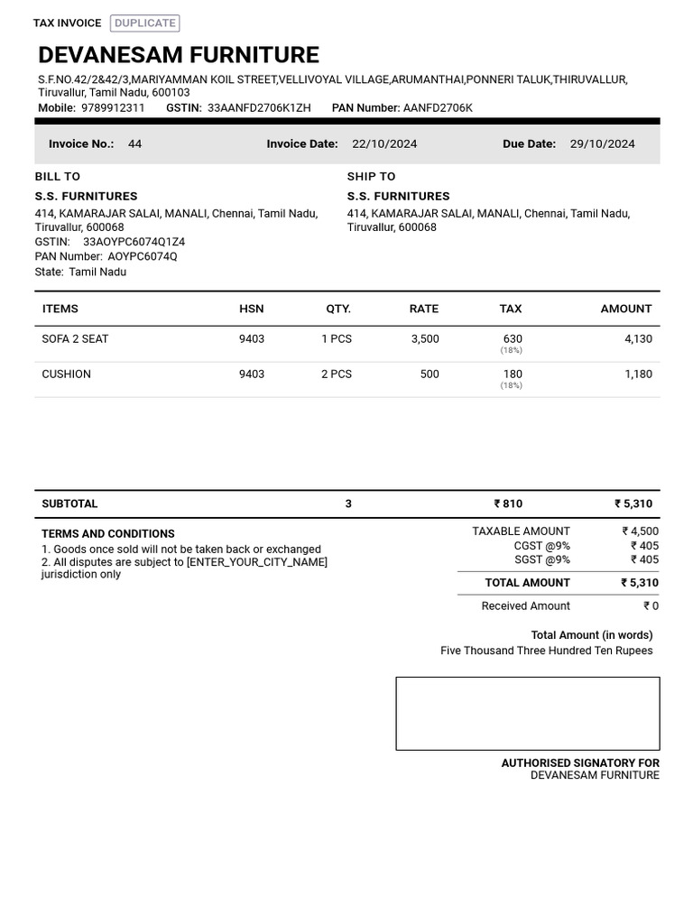 S - S - FURNITURES - Sales - Invoice - 44 2 | PDF | Economy Of India ...