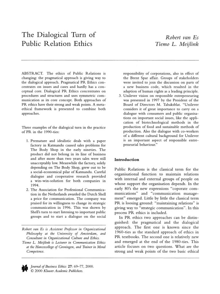The Dialogical Turn of Public Relation Ethics | PDF | Truth | Communication