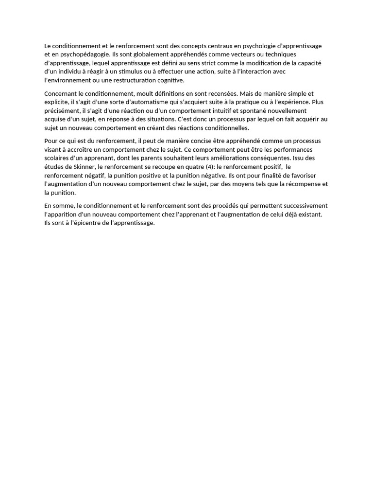 Conditionnement et renforcement en apprentissage | PDF