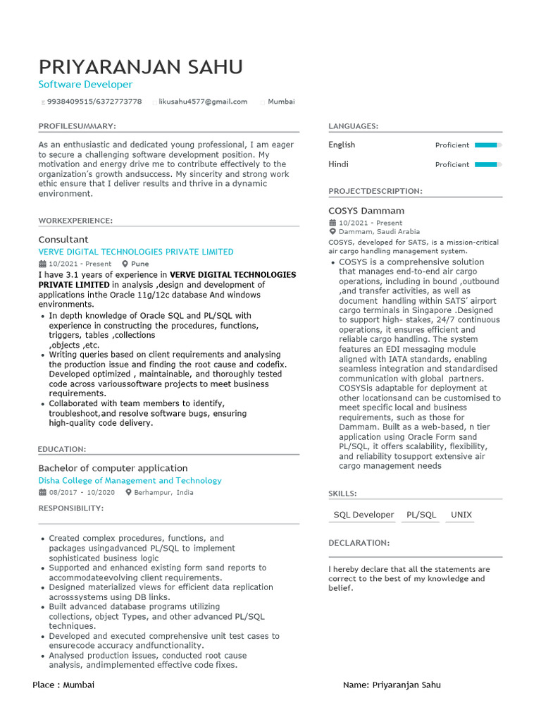 Software Developer Resume - Priyaranjan Sahu | PDF | Pl/Sql | Sql