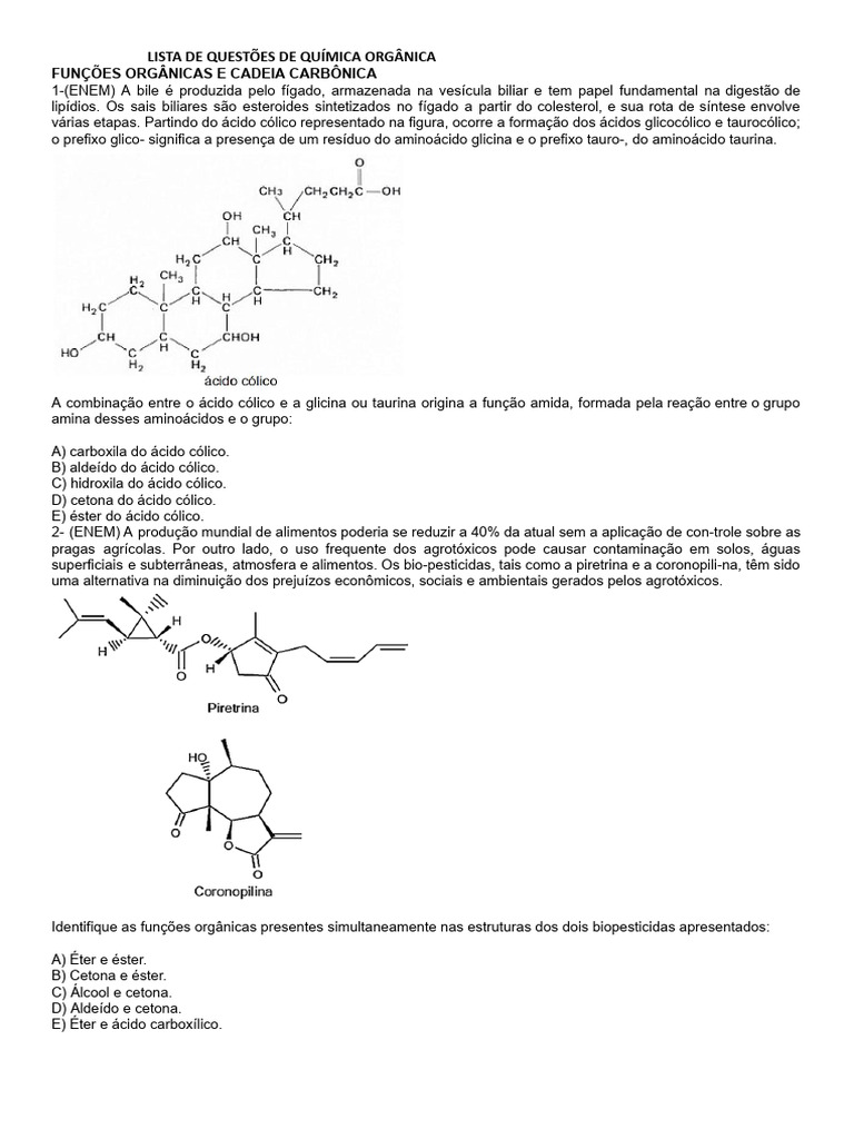 Questões de Química Orgânica ENEM | PDF | Amina | Éster