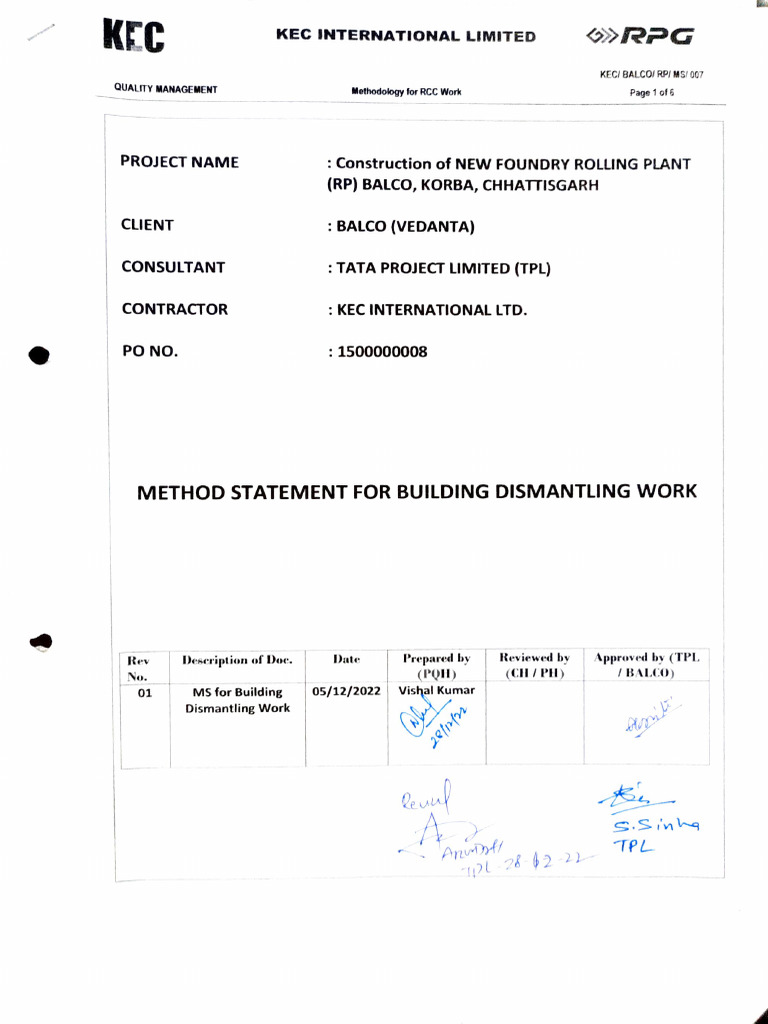 RCC Dismantling Method Statement | PDF | Crane (Machine)
