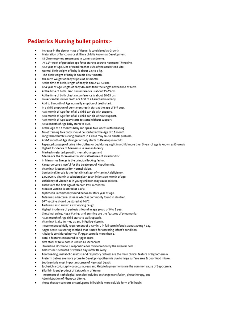 Pediatric Nursing Key Points | PDF | Infants | Hypoglycemia