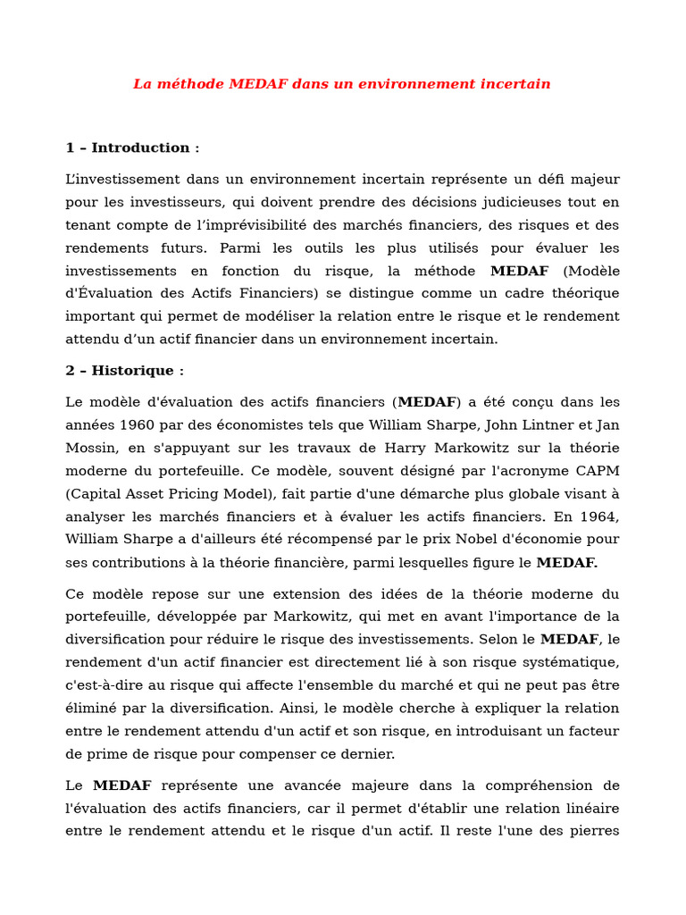 Méthode MEDAF en environnement incertain | PDF | Modèle d'évaluation ...