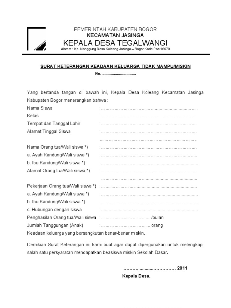 Surat Keterangan Keadaan Keluarga Tidak Mampu Dari Desa