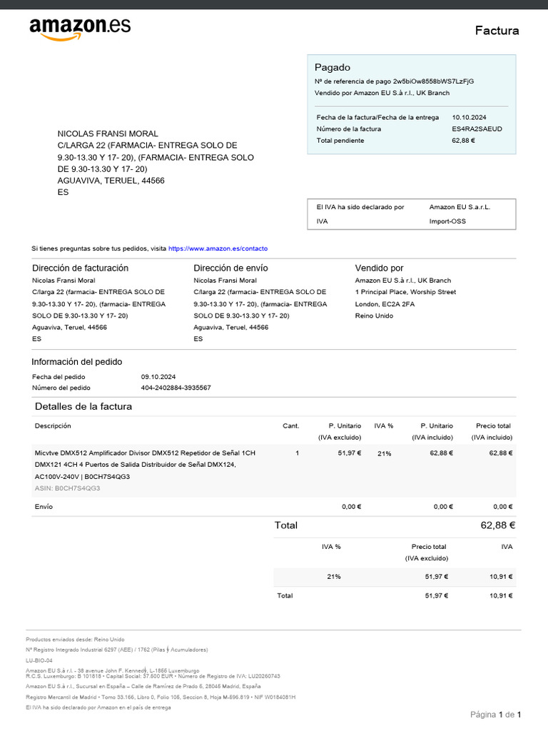Factura de compra Amazon: Detalles y IVA | PDF | Contabilidad ...