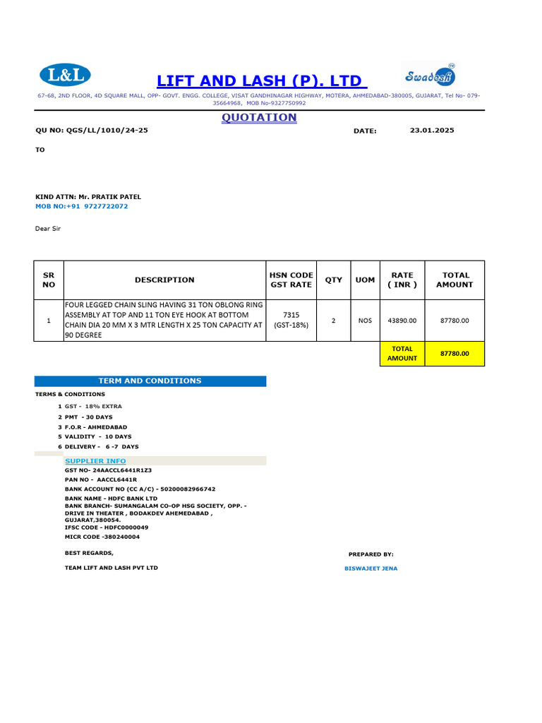 Quotation for Chain Sling Supply | PDF
