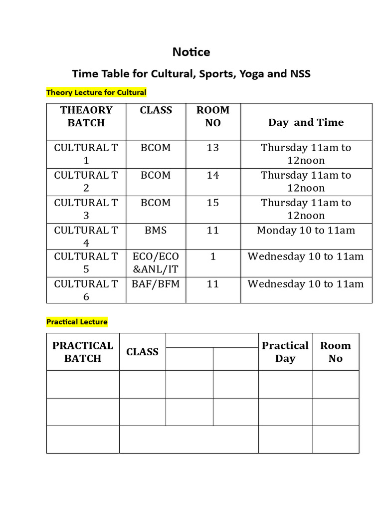 Cul Spo Nss Yoga Time Table | PDF