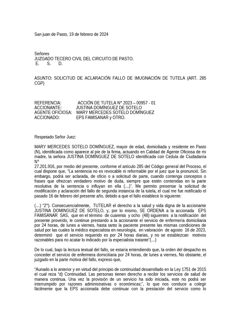 Solicitud de Aclaración de Tutela en Pasto | PDF | Enfermería